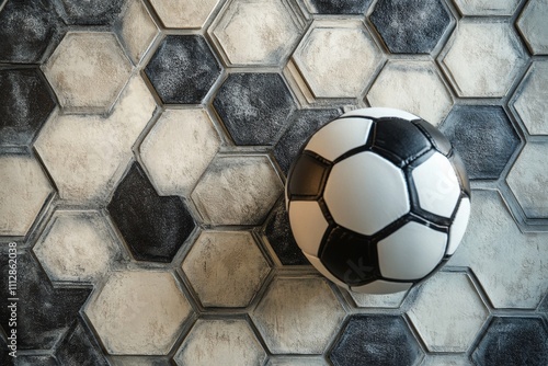Soccer ball resting against textured hexagonal wall in a modern indoor setting