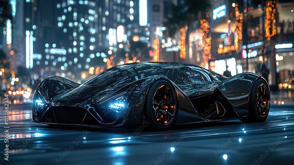A modern sports car drives through the night city.