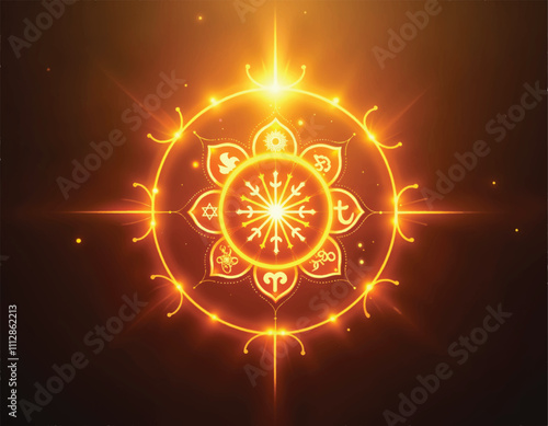 a circle of gold and orange lights radiance from various religions glowing on dark background