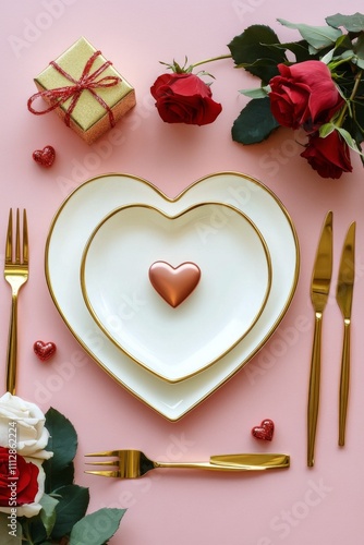 Elegant heart shaped plates with floral decorations for a romantic dining setup