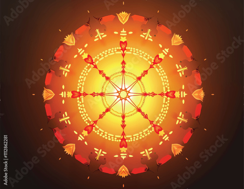 a colorful circular design of symbols from various religions in dharma weel with gradient warm color