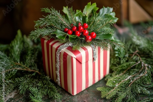 Beautifully arranged holiday gift box with decorations and greenery near a wi...
