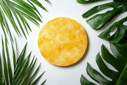 Bright yellow circle surrounded by lush green pine branches on a white surface