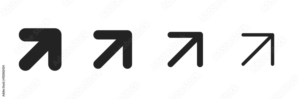 Arrow pointing on a right up corner black isolated illustration set for UI. Vector icons in flat style Arrow pointing on a right up corner black isolated illustration set for UI. Vector icons in flat style