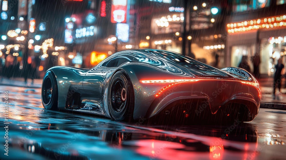 A modern sports car drives through the night city. A modern sports car drives through the night city.