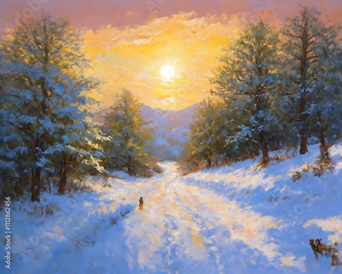 Sunset (or sunrise) in the winter forest. Artwork. Creator Artist Nadia Russ.