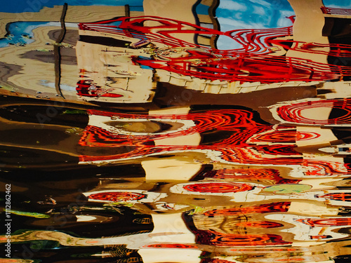 Reflections of colorful buildings on the water during midday. photo