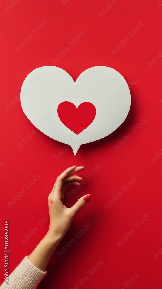 Hand holding paper sign with heart shape on bright red background Hand holding paper sign with heart shape on bright red background