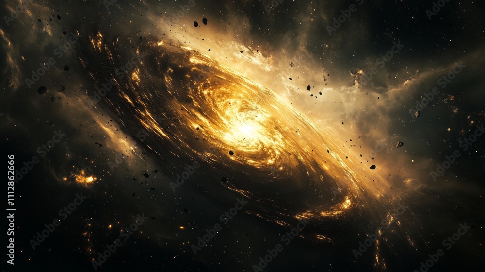 Golden Galactic Whirlpool Amidst Cosmic Dust - made with Generative AI Golden Galactic Whirlpool Amidst Cosmic Dust - made with Generative AI
