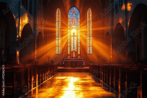 Sunlight streaming through stained glass windows in a serene church setting