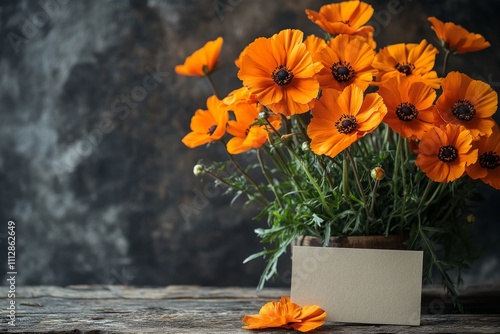 Bright yellow flowers arranged beautifully on a rustic wooden surface with a ...