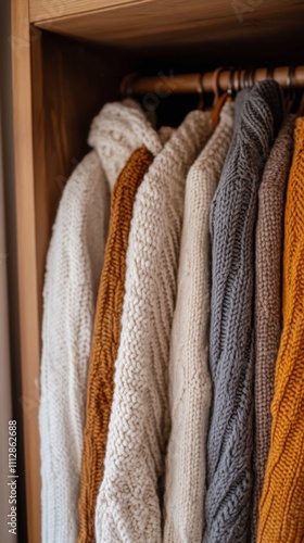 Cozy collection of knitted sweaters hanging in a wooden closet during autumn ...