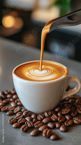 Coffee being poured into a speckled mug surrounded by roasted coffee beans