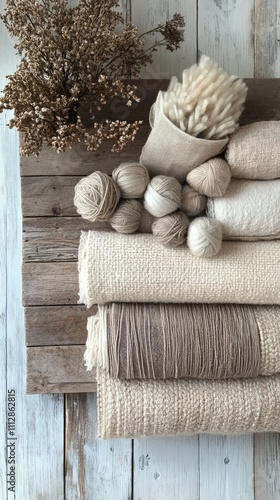 A collection of natural fiber yarns and textiles arranged on a wooden surface
