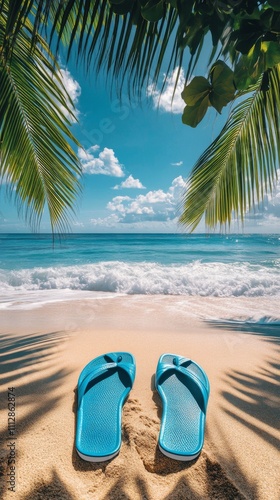 Bright blue flip flops on sandy beach near gentle waves and palm leaves