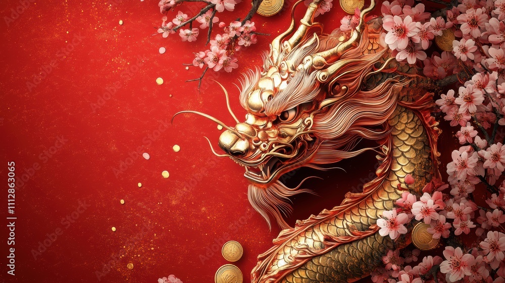 A majestic dragon amidst cherry blossoms on a vibrant red background. A majestic dragon amidst cherry blossoms on a vibrant red background.