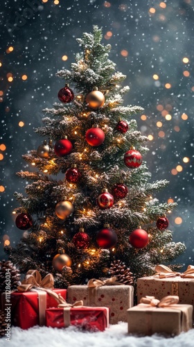 Festively decorated Christmas tree with presents under soft snowfall in a coz...