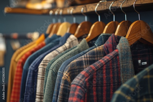 Stylish casual shirts hanging on a wooden rack in a clothing store