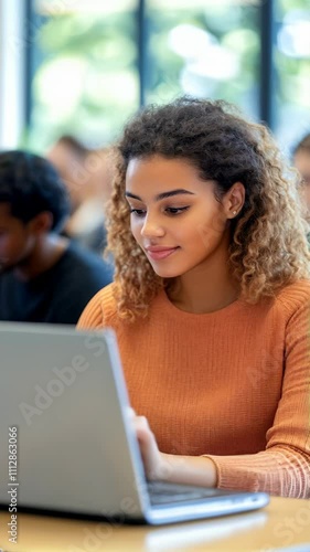 A woman is sitting at a table with a laptop open in front of her. She is smiling and she is enjoying her work