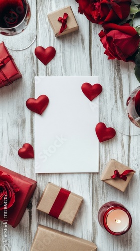 Romantic red decorations with gifts and a blank card for a special occasion c...