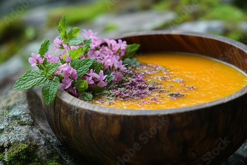 Warm orange soup garnished with fresh herbs and edible flowers in a wooden bowl