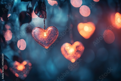 Colorful heart shaped bokeh lights with rain droplets on a window at night
