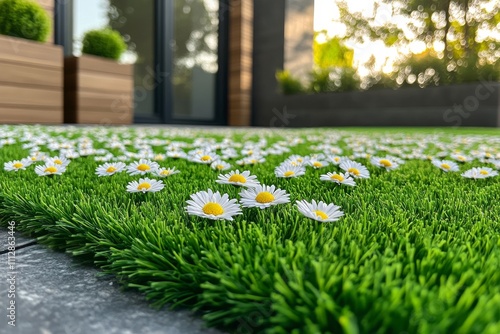 Fresh artificial grass adorned with vibrant daisies in a serene outdoor space