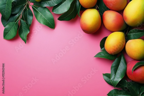 Freshly picked ripe mangoes arranged with vibrant green leaves on a pink back...