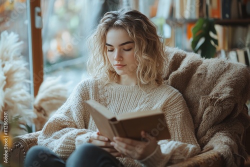 Young woman reading a book in a cozy chair surrounded by bookshelves in a bri...