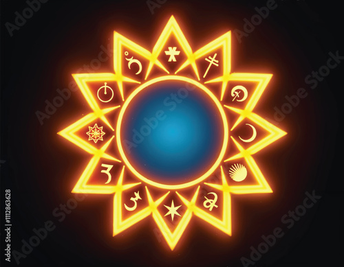 vector of a bright yellow star with eight points and various glowing religious symbols on dark
