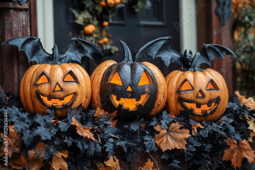 Halloween decorations featuring carved pumpkins and a bat in autumn foliage