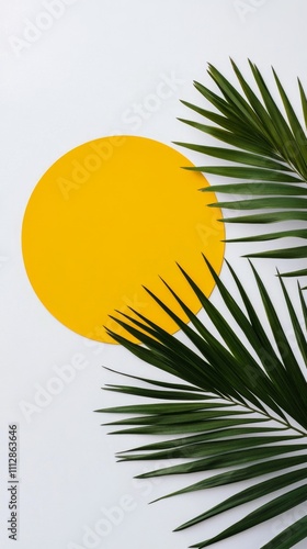 Bright yellow circle with green palm leaves against a white backdrop enhancin...