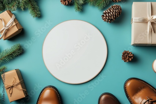 Brown shoes, sunglasses, and a gift box arranged on a blue background with gr...