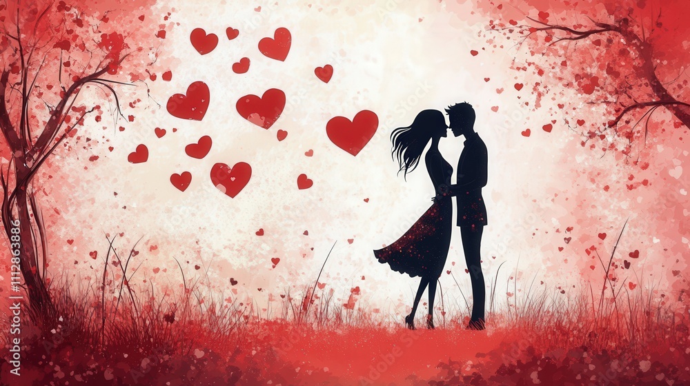 romantic couple illustration with floating hearts romantic couple illustration with floating hearts