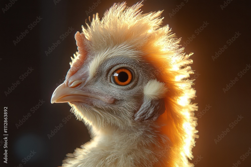 The head of a Crested Polish Chicken with a soft cream-colored crest, gentle gray beak, and bright, sharp eyes, illuminated by warm natural light.