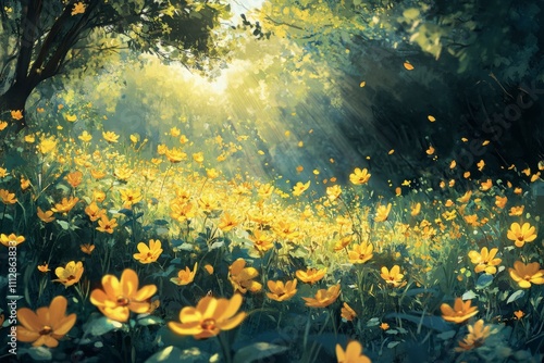 Sunlight filters through trees over a field of vibrant yellow flowers in a se...
