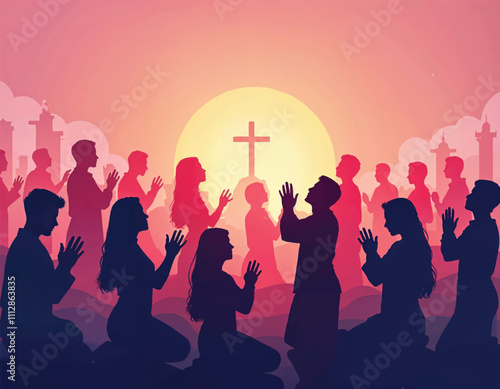 vector silhouettes of a group of people are praying in front of a cross at sunset background