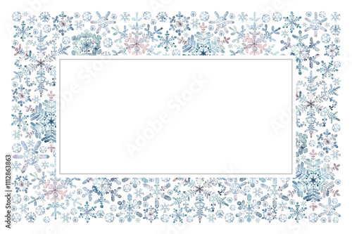 Watercolor snowflakes winter granulation illustration frame border white. Frost crystals drawn by hand. Painted drawing isolated background. For print, cards, banner, poster, invitation, gift decor photo