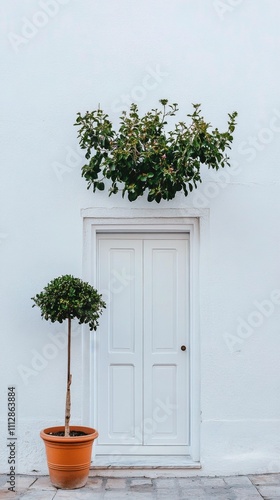 Urban greenery stands near a light blue wall and a closed wooden door