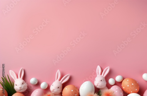 Cute rabbits surrounded by colorful eggs on a soft pink background for spring...