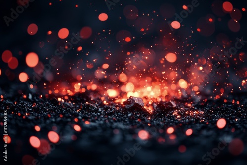 Glowing embers and sparks rise from a volcanic surface at night creating a dr...