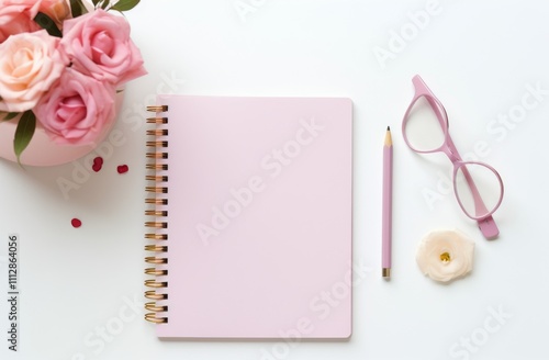 Fresh workspace with notebook, flowers, glasses, and coffee in a bright setting