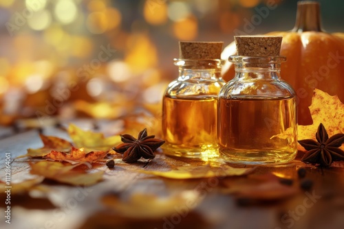 Autumnal display of spiced pumpkin essence with decorative leaves and warm li...