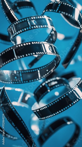 Film reels floating against a blue background showcasing light reflections an...