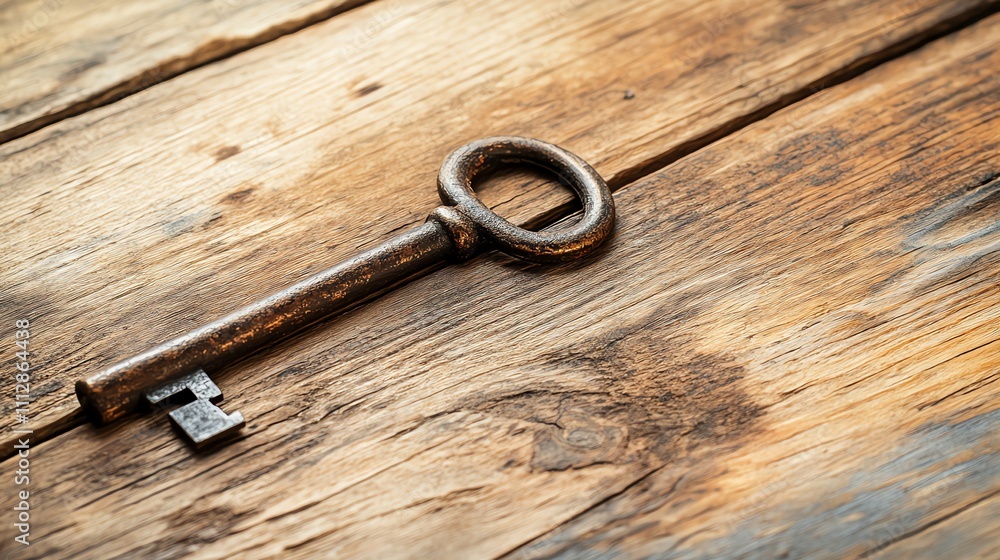 A rusty, antique key lying on a weathered wooden surface. A rusty, antique key lying on a weathered wooden surface.