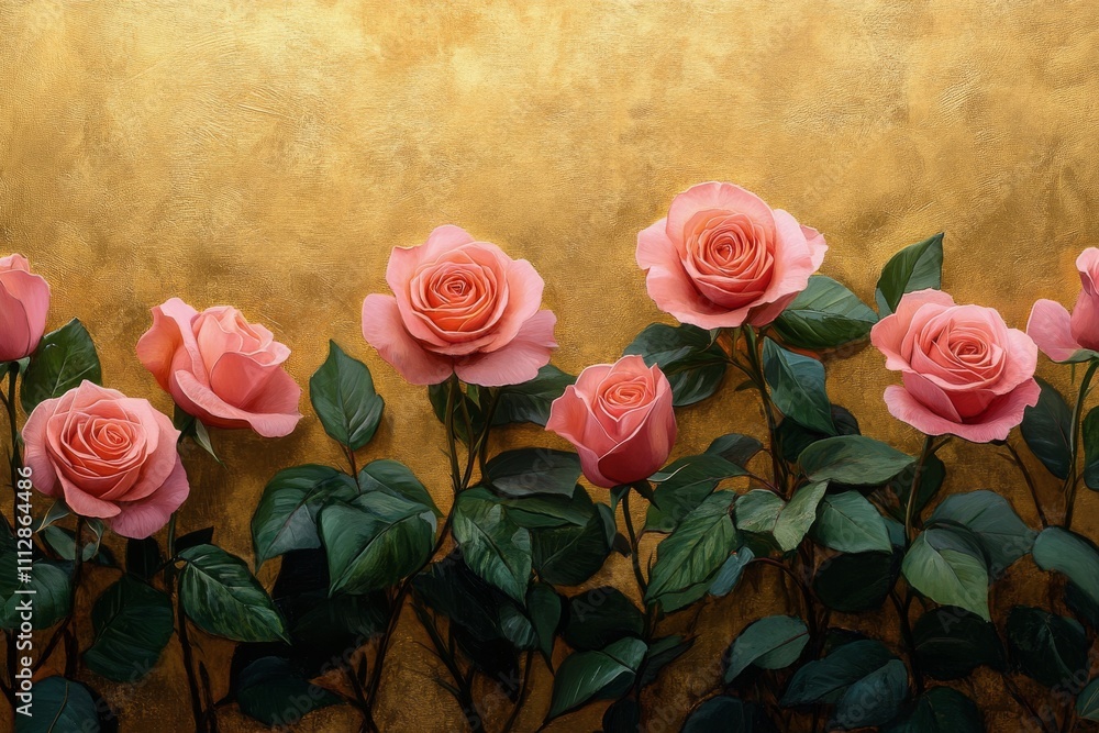 Beautiful arrangement of pink roses with green leaves set against a textured yellow background Beautiful arrangement of pink roses with green leaves set against a textured yellow background