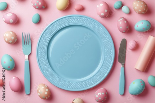Colorful Easter setting with pastel eggs and blue plate on pink background