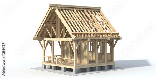 Fototapeta Naklejka Na Ścianę i Meble -  Wooden frame of the roof of a private house. Design and construction of the roof, wooden roof supports, roof construction process