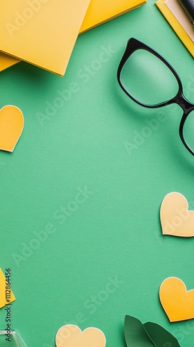 Creative workspace featuring stationary, heart cutouts, and eyewear on vibran...