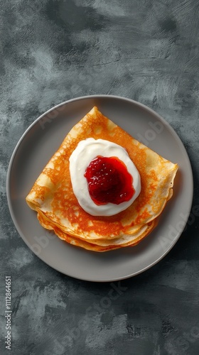 Delicious homemade pancakes served with berry jam and whipped cream on a slee...